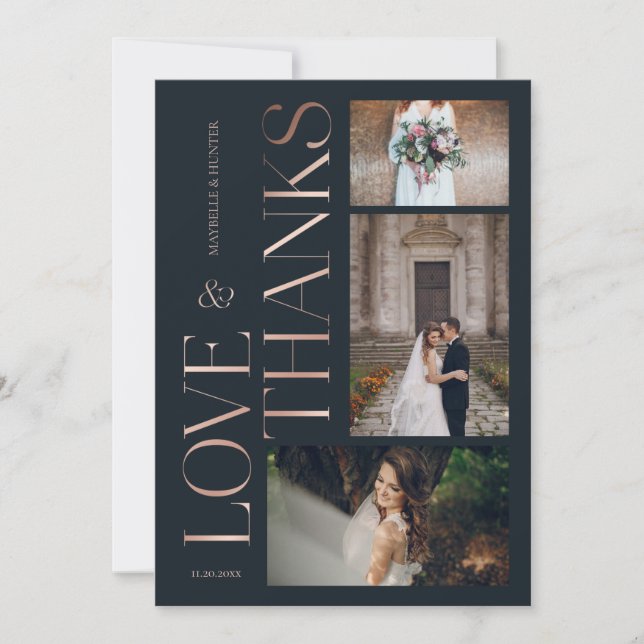 Carte De Remerciements Love & Thanks Classy Marine Rose Gold Mariage Phot (Devant)