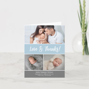 Carte De Remerciements Love & Thanks Photo Collage Baby shower bleu doux