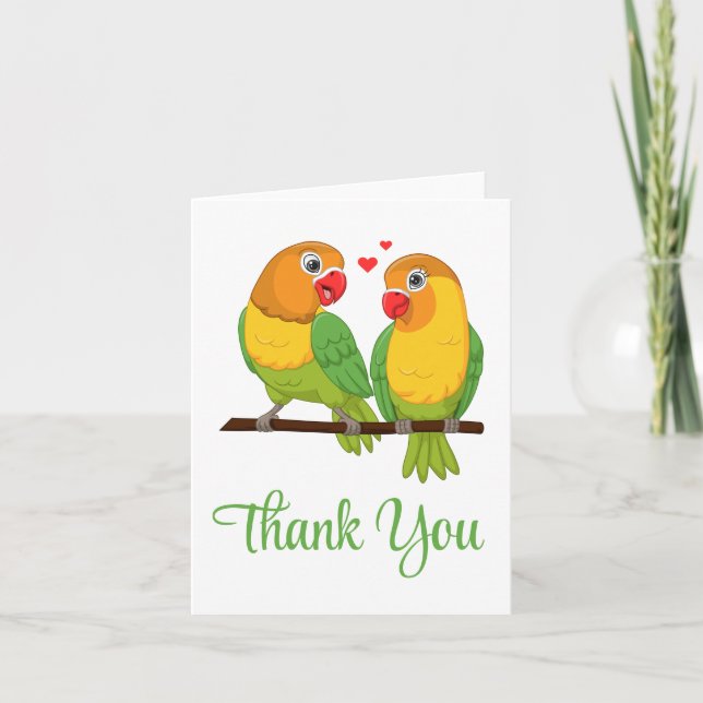 Carte De Remerciements Lovebirds Cartoon vert Jaune Inséparables Mariage (Devant)