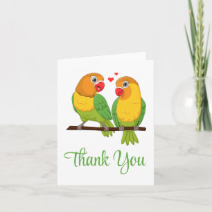Carte De Remerciements Lovebirds Cartoon vert Jaune Inséparables Mariage