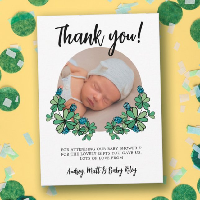 Carte De Remerciements Lucky Blue Clovers Photo Boy Baby shower (Créateur téléchargé)