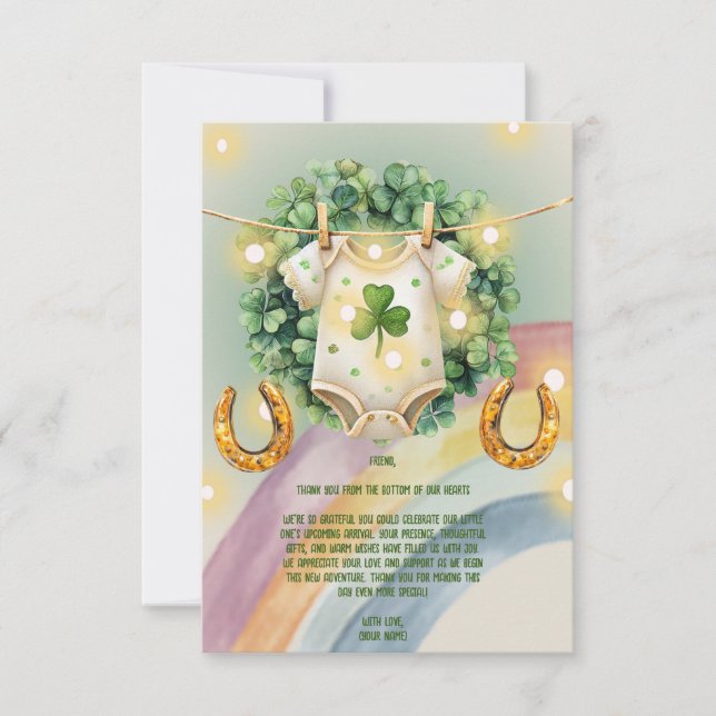 Carte De Remerciements Lucky Charm Shamrock et Baby shower Rainbow (Devant)