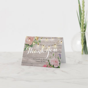 Carte De Remerciements Lumière de chaîne florale en bois rustique Mariage