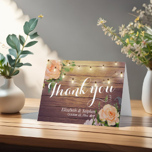 Carte De Remerciements Lumière de corde florale en bois rustique Mariage