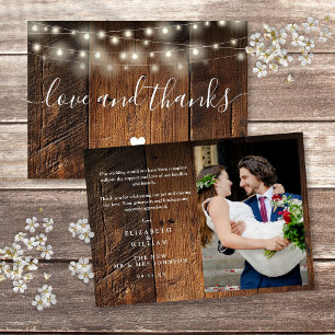 Carte De Remerciements Lumières à cordes en bois rustique pour mariage