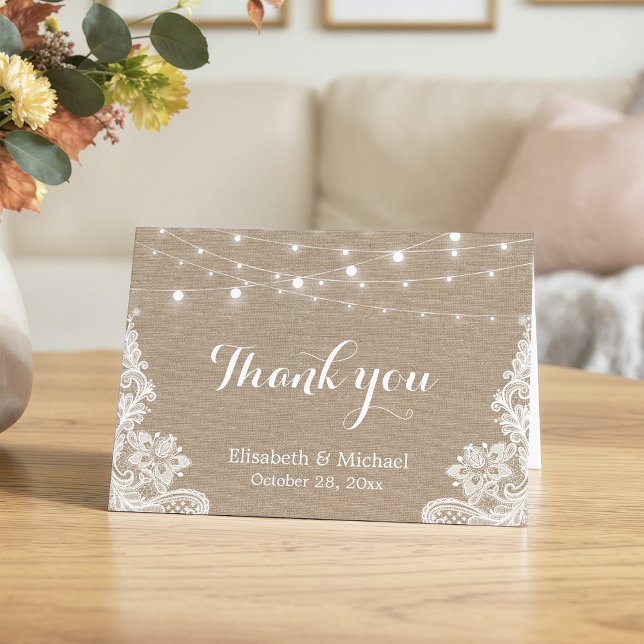 Carte De Remerciements Lumières de Chaîne de Burlap Rustique Mariage Dent (Créateur téléchargé)