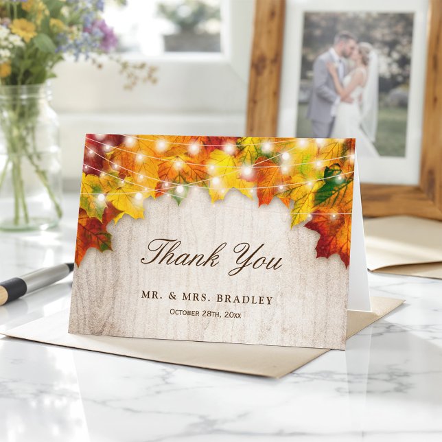 Carte De Remerciements Lumières de Chaîne de Feuilles d'Automne Rustiques (Créateur téléchargé)
