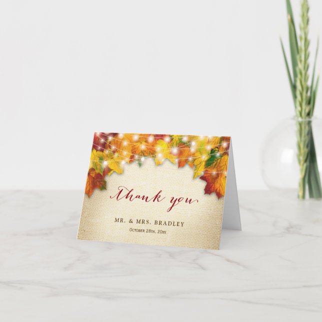 Carte De Remerciements Lumières de Chaîne de Feuilles de Chute Rustiques  (Devant)