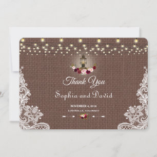 Carte De Remerciements Lumières de chaîne en toile de jute rustique avec