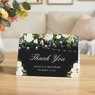 Carte De Remerciements Lumières de chaîne florales ivoire blanc noir Merc