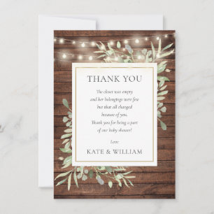 Carte De Remerciements Lumières en bois rustique Poème de Baby Shower ave