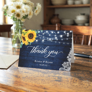 Carte De Remerciements Lumières Guirlande Fleur de Tournesol Bleu Marine
