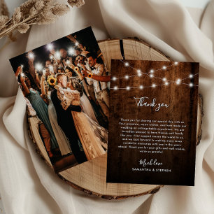 Carte De Remerciements Lumières rustiques à cordes, photo et mariage en b