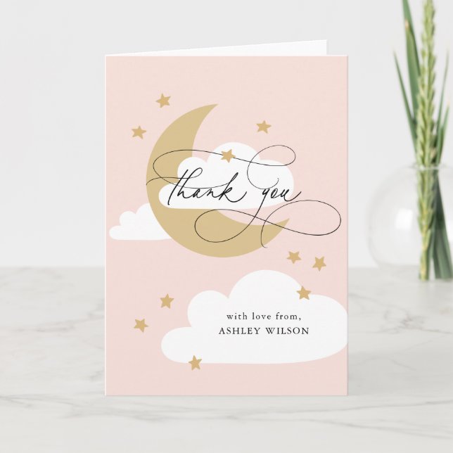 Carte De Remerciements Lune et étoiles Baby shower de script or rose (Devant)
