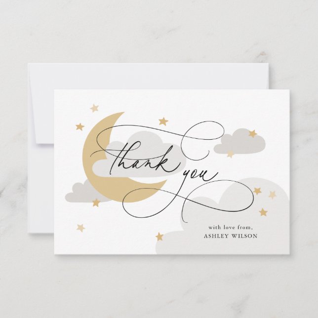Carte De Remerciements Lune et étoiles Gris Script Baby shower (Devant)