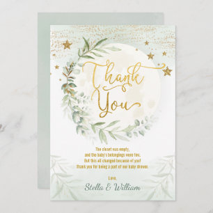 Carte De Remerciements Lune Twinkle Stars Verdure Baby shower Or