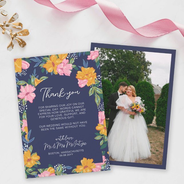 Carte De Remerciements Lush Pink Yellow Flowers Dark Blue Wedding Photo (Créateur téléchargé)