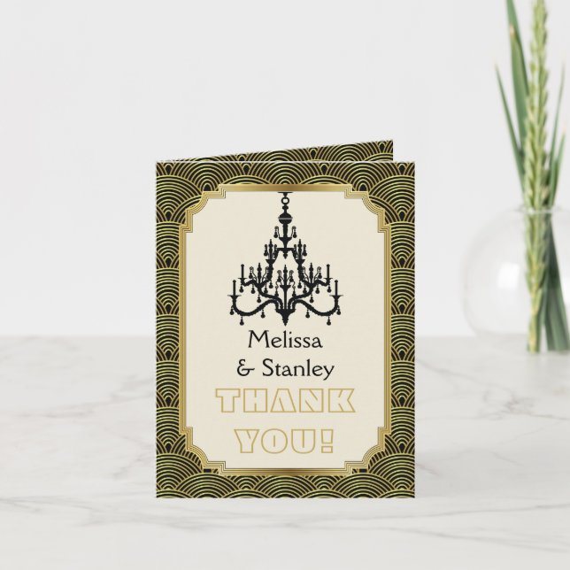 Carte De Remerciements Lustre Art Déco noir, remerciement de mariage or (Devant)
