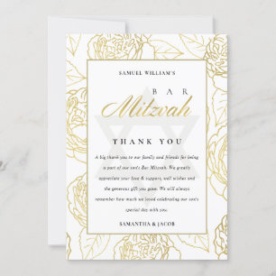 CARTE DE REMERCIEMENTS LUX ELEGANT MARINE OR ROSE FLORAL BAT BAR MITZVAH