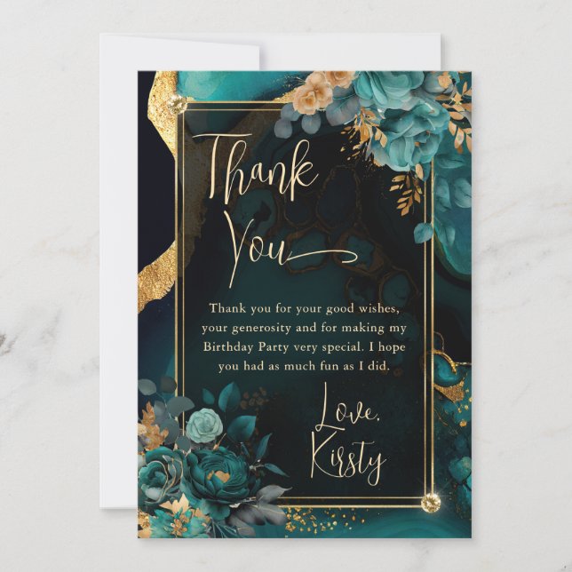 Carte De Remerciements Luxe Turquoise et or Floral Agate Anniversaire (Devant)