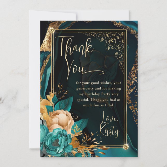 Carte De Remerciements Luxe Turquoise et or Floral Agate Anniversaire (Devant)