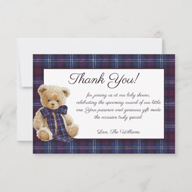 Carte De Remerciements Luxury Bear Plaid Bow Baby Shower  (Devant)