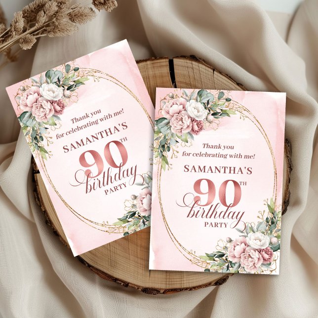 Carte De Remerciements Luxury Blush Pink Gold Floral 90th Birthday Thanks (Luxury Blush Pink Gold Floral 90th Birthday Thank You)