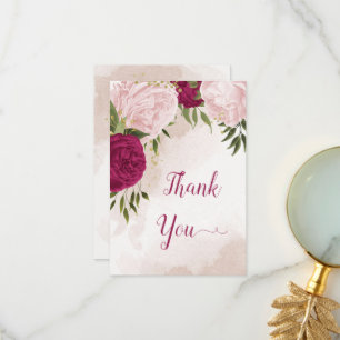 Carte De Remerciements magenta fleurs roses vert feuille mariage