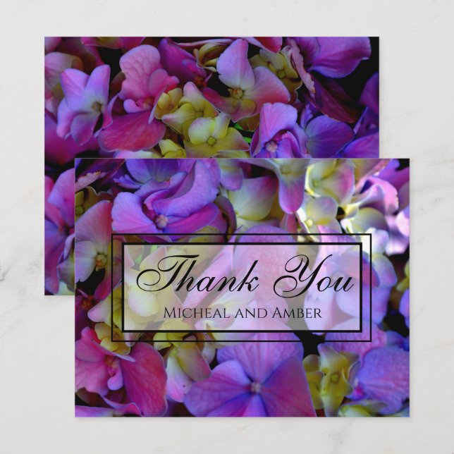 Carte De Remerciements Magenta Purple bleu jaune Hydrangeas fleurs (Devant / Derrière)
