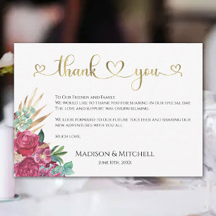 Carte De Remerciements Magenta Rose Chaud Floral Élégant Script Or Cœurs