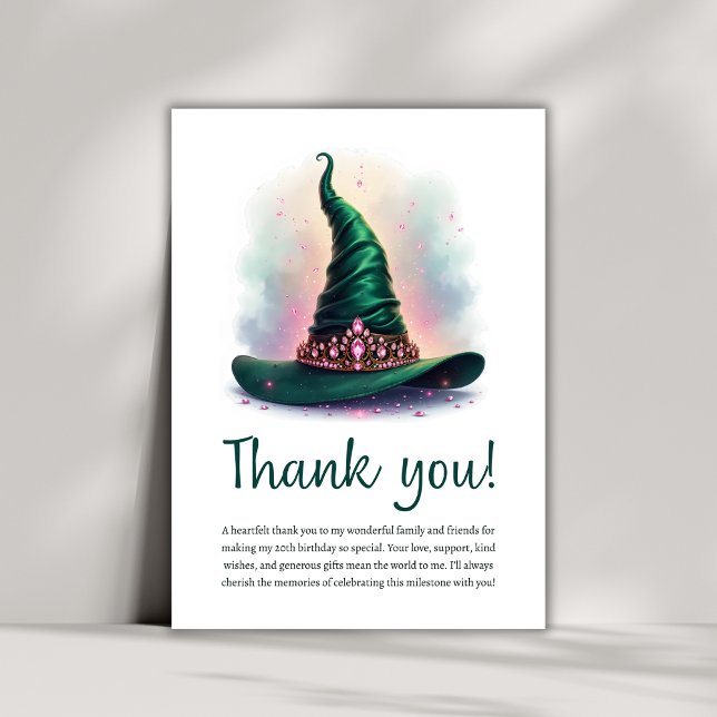 Carte De Remerciements Magique Couronne rose et Casquette de sorcière ver (Whimsical Crown & Green Wicked Witch Hat Birthday Thank You Card)