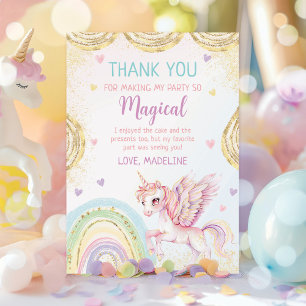 Carte De Remerciements Magique Rainbow Unicorn rose or fête d'anniversair