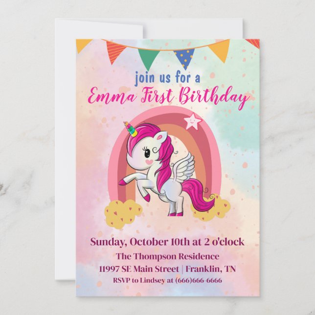 Carte De Remerciements Magiques Licornes Aquarelle Rose 1er Anniversaire (Devant)
