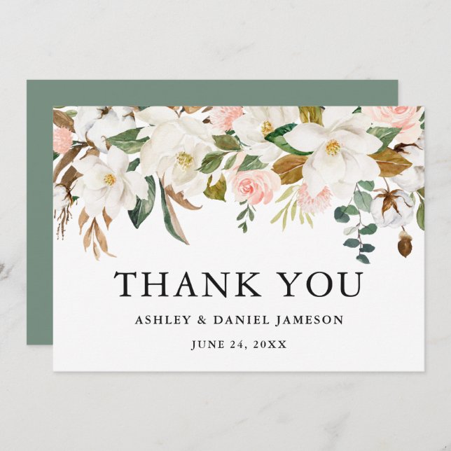 Carte De Remerciements Magnolias Roses Aquarelle Vert Sauge Mariage (Devant / Derrière)