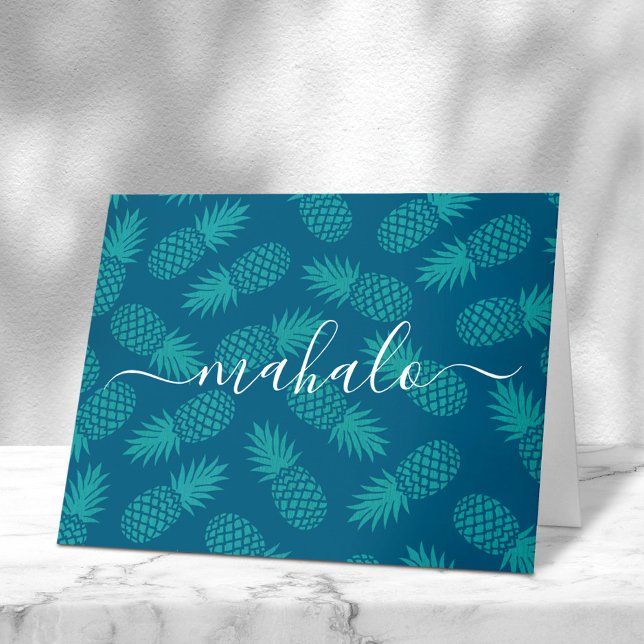 Carte De Remerciements Mahalo turquoise turquoise script d'ananas tropica (Créateur téléchargé)