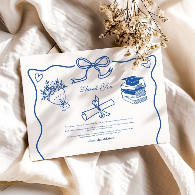 Carte De Remerciements Main dessinée Illustrated Blue Graduation Party (Créateur téléchargé)