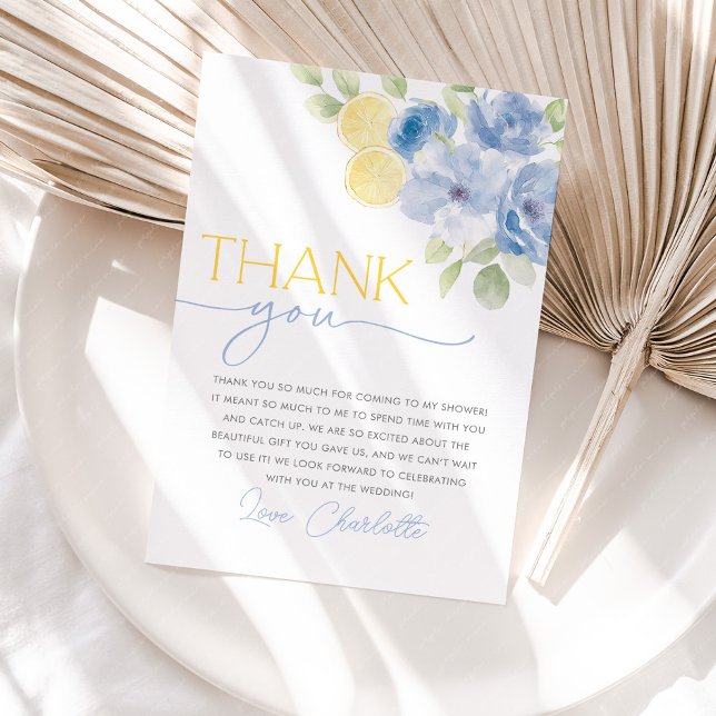 Carte De Remerciements Main Squeeze Citrus Floral Bridal Shower Thank You (She found her main squeeze! Bridal Shower Thank You Cards in Blue floral citrus lemon design)