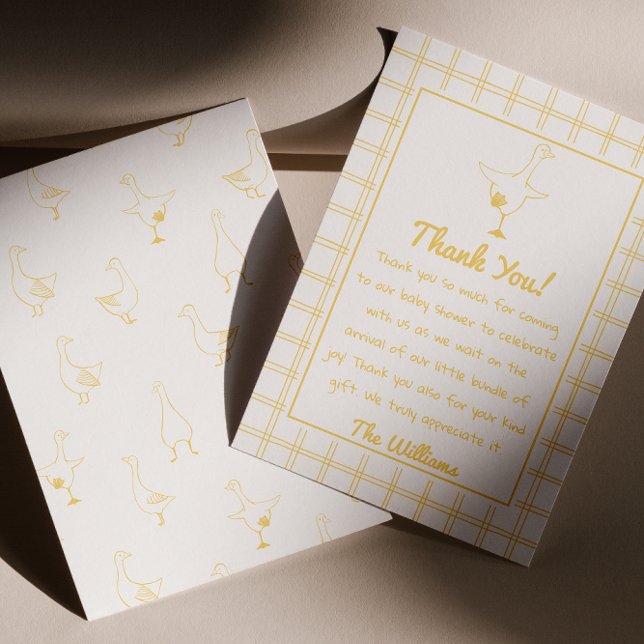 Carte De Remerciements Main tirée Jaune Oie soie En vichy Baby shower (Créateur téléchargé)