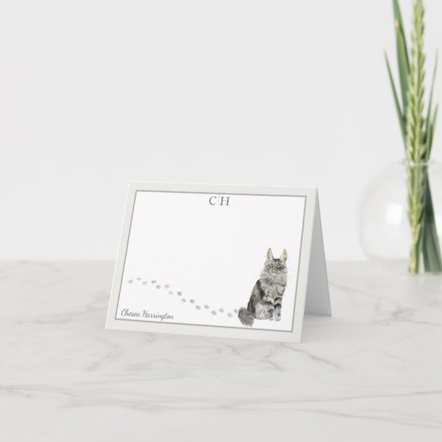 Carte De Remerciements Maine Coon Chat Gris Bordure Monogramme Nom Plié (Devant)