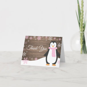 Carte De Remerciements Manchot Flocon de Neige Rose Hiver Rustique