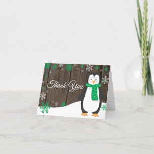 Carte De Remerciements Manchot vert flocon de neige hiver rustique
