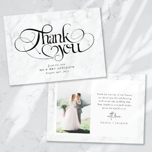 Carte De Remerciements Marble Chic Calligraphie Script Photo Mariage