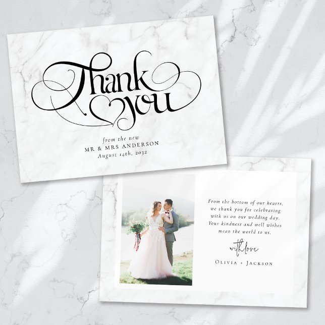 Carte De Remerciements Marble Chic Calligraphie Script Photo Mariage (Créateur téléchargé)