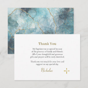 Carte De Remerciements Marbre Bleu Texturé Lignes Dorées Baptême Orthodox