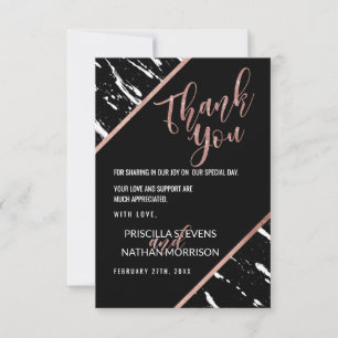 Carte De Remerciements Marbre Noir Blanc Moderne Or Rose Chic