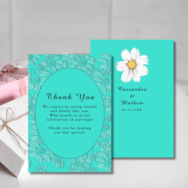Carte De Remerciements Marguerites romantiques Floral Turquoise Mariage (Blush Pink Rose Floral Watercolor Wedding Thank You Card)