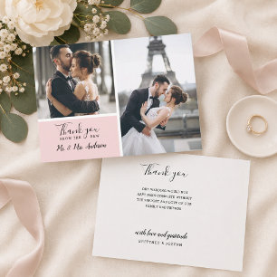 Carte De Remerciements Mariage 2 Photos Collage Élégant Rose Pâle