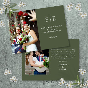 Carte De Remerciements Mariage 2 Photos Monogram Vert Olive