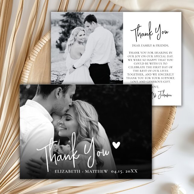 Carte De Remerciements Mariage 2 Photos Noir et Blanc Chic Script (Créateur téléchargé)