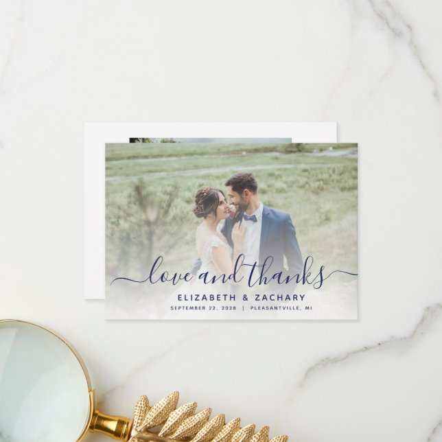 Carte De Remerciements mariage à 2 photos bleu marine (Devant/Arrière en situation)